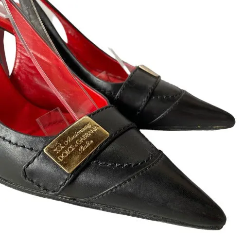 DOLCE & GABBANA XX Anniversary Black Leather Slingback Pointed Toe Pumps, 37.5