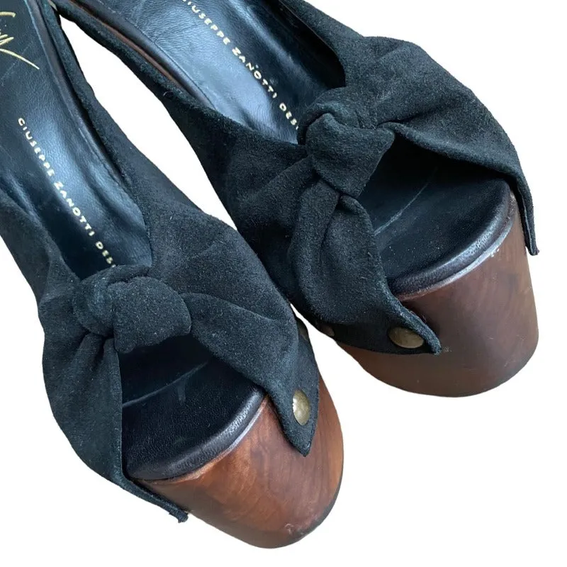 GIUSEPPE ZANOTTI Black Suede Knot Studded Wooden Heels Platform Clogs, Size 38