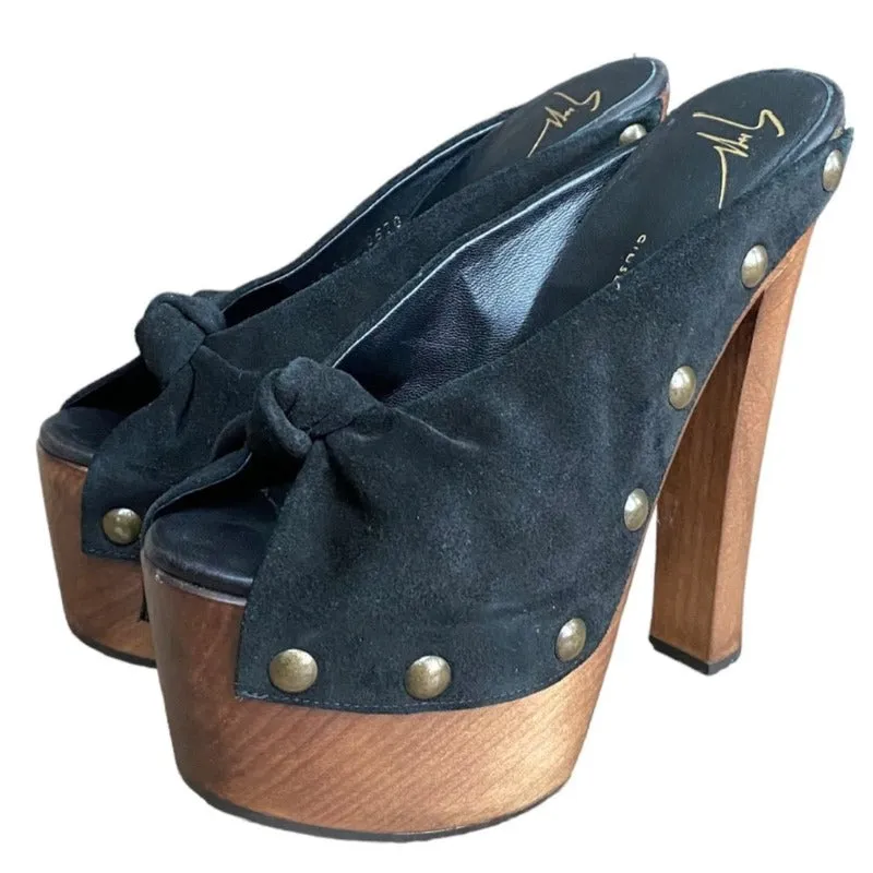 GIUSEPPE ZANOTTI Black Suede Knot Studded Wooden Heels Platform Clogs, Size 38