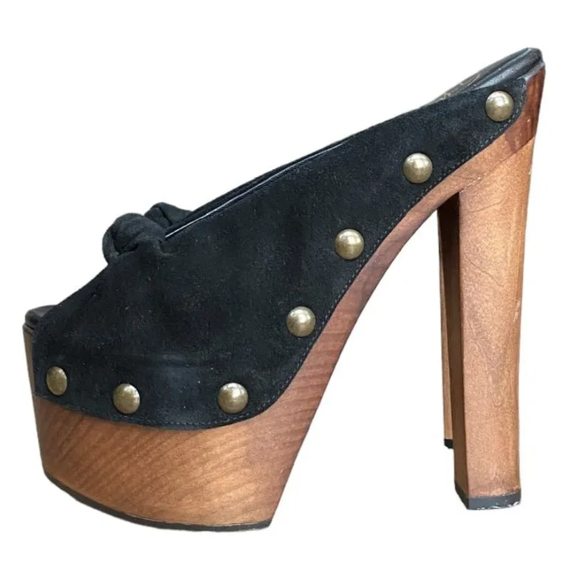 GIUSEPPE ZANOTTI Black Suede Knot Studded Wooden Heels Platform Clogs, Size 38