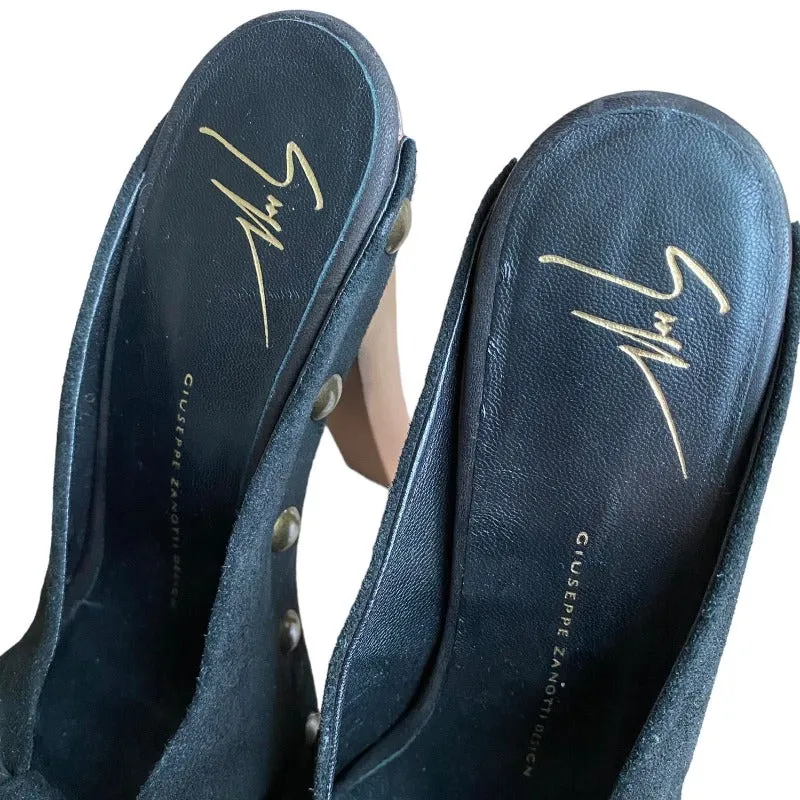 GIUSEPPE ZANOTTI Black Suede Knot Studded Wooden Heels Platform Clogs, Size 38