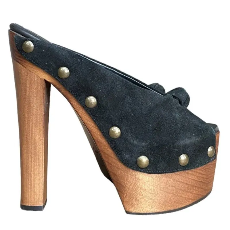 GIUSEPPE ZANOTTI Black Suede Knot Studded Wooden Heels Platform Clogs, Size 38