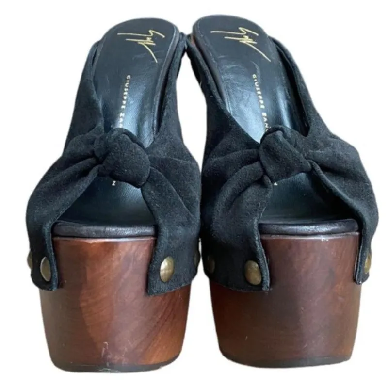GIUSEPPE ZANOTTI Black Suede Knot Studded Wooden Heels Platform Clogs, Size 38