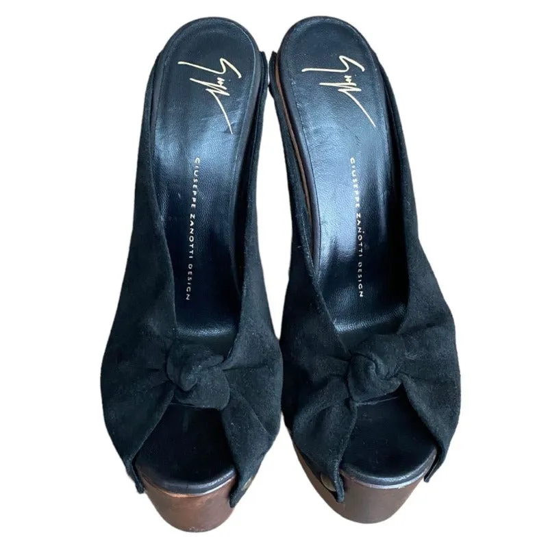 GIUSEPPE ZANOTTI Black Suede Knot Studded Wooden Heels Platform Clogs, Size 38