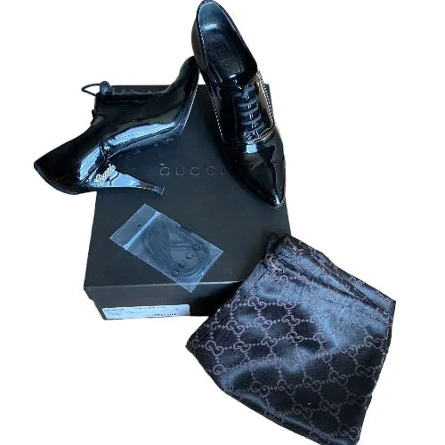 GUCCI Black Patent Leather Crystal Embellished Logo Lace Up Booties, Size 36