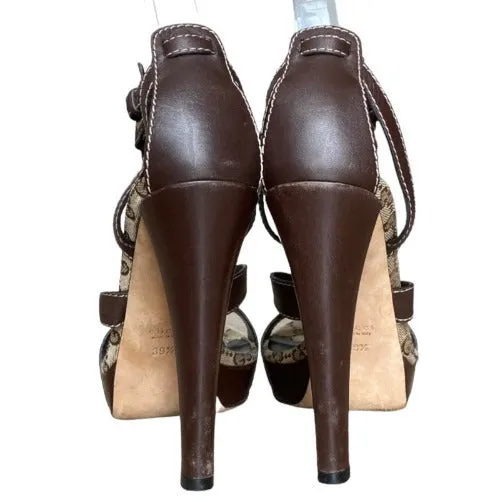 GUCCI Brown Leather Icon GG Canvas Bit Ankle Strap Platform Sandals, Size 39.5