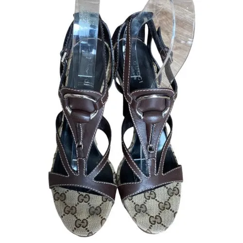 GUCCI Brown Leather Icon GG Canvas Bit Ankle Strap Platform Sandals, Size 39.5