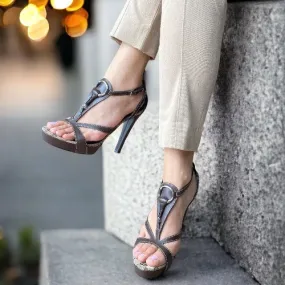GUCCI Brown Leather Icon GG Canvas Bit Ankle Strap Platform Sandals, Size 39.5