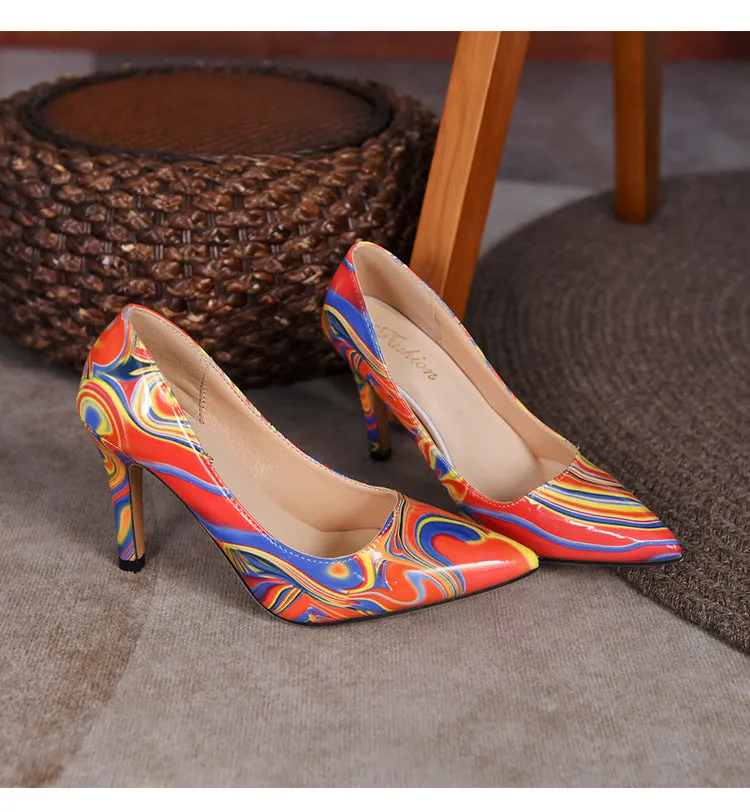 Luxury women shoe heels pump pointed toe graffiti