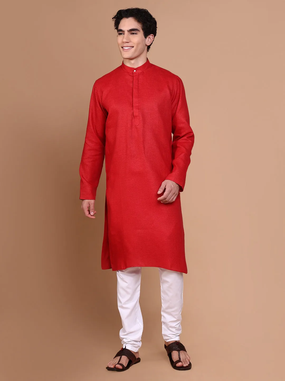 Men Red Geometric Kurta Set