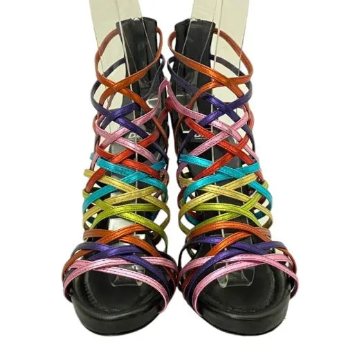 NEW DOLCE&GABBANA Metallic Rainbow Color Leather Strappy Heeled Sandals, 36.5