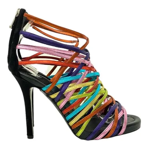 NEW DOLCE&GABBANA Metallic Rainbow Color Leather Strappy Heeled Sandals, 36.5