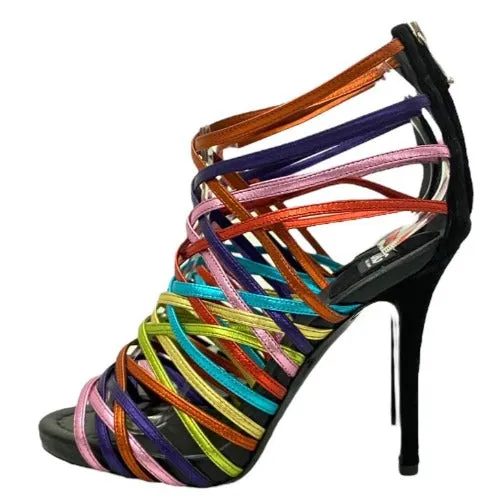 NEW DOLCE&GABBANA Metallic Rainbow Color Leather Strappy Heeled Sandals, 36.5