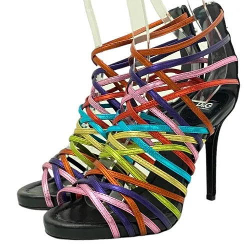 NEW DOLCE&GABBANA Metallic Rainbow Color Leather Strappy Heeled Sandals, 36.5