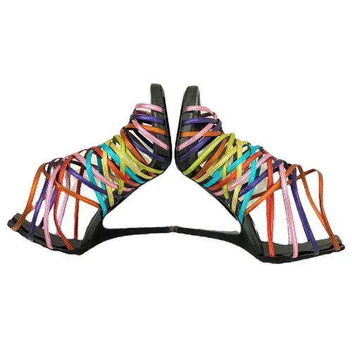 NEW DOLCE&GABBANA Metallic Rainbow Color Leather Strappy Heeled Sandals, 36.5