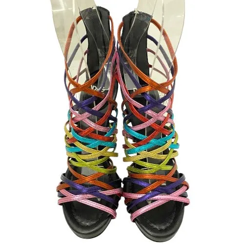 NEW DOLCE&GABBANA Metallic Rainbow Color Leather Strappy Heeled Sandals, 36.5