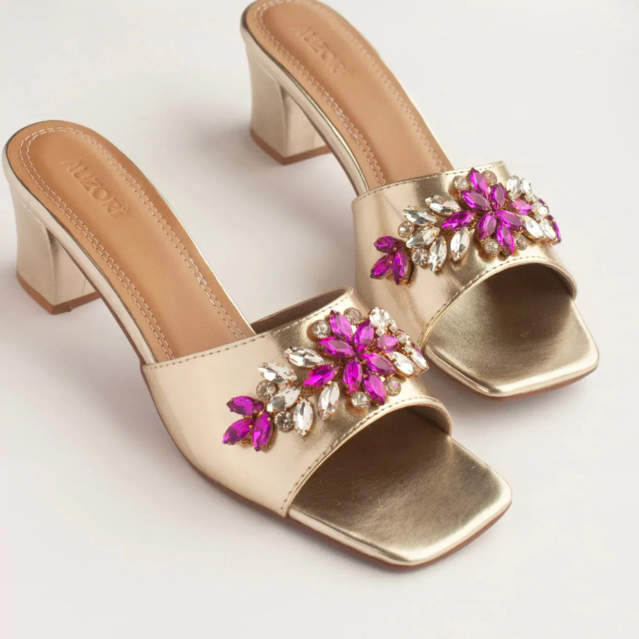 Rani Pink Stones Embellished Gold Block Heels