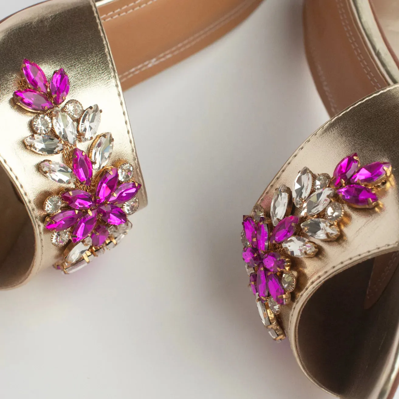 Rani Pink Stones Embellished Gold Block Heels
