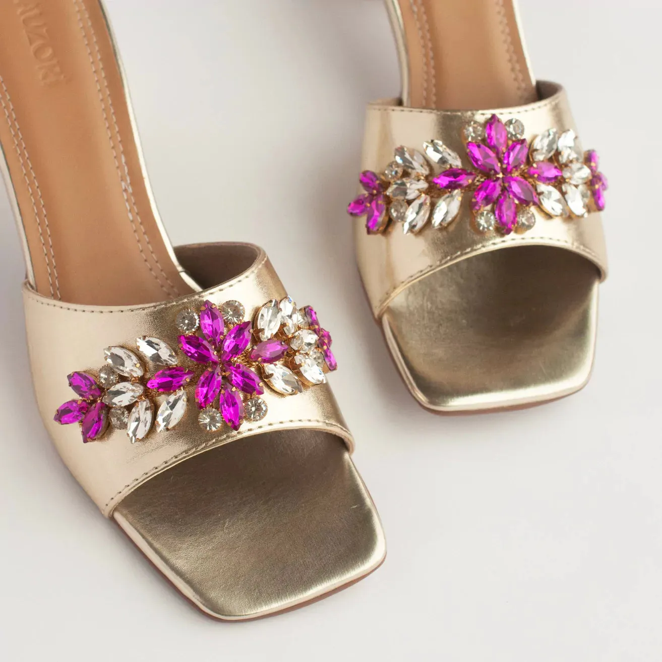 Rani Pink Stones Embellished Gold Block Heels