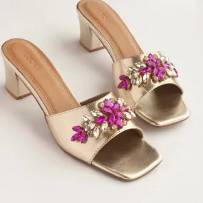 Rani Pink Stones Embellished Gold Block Heels