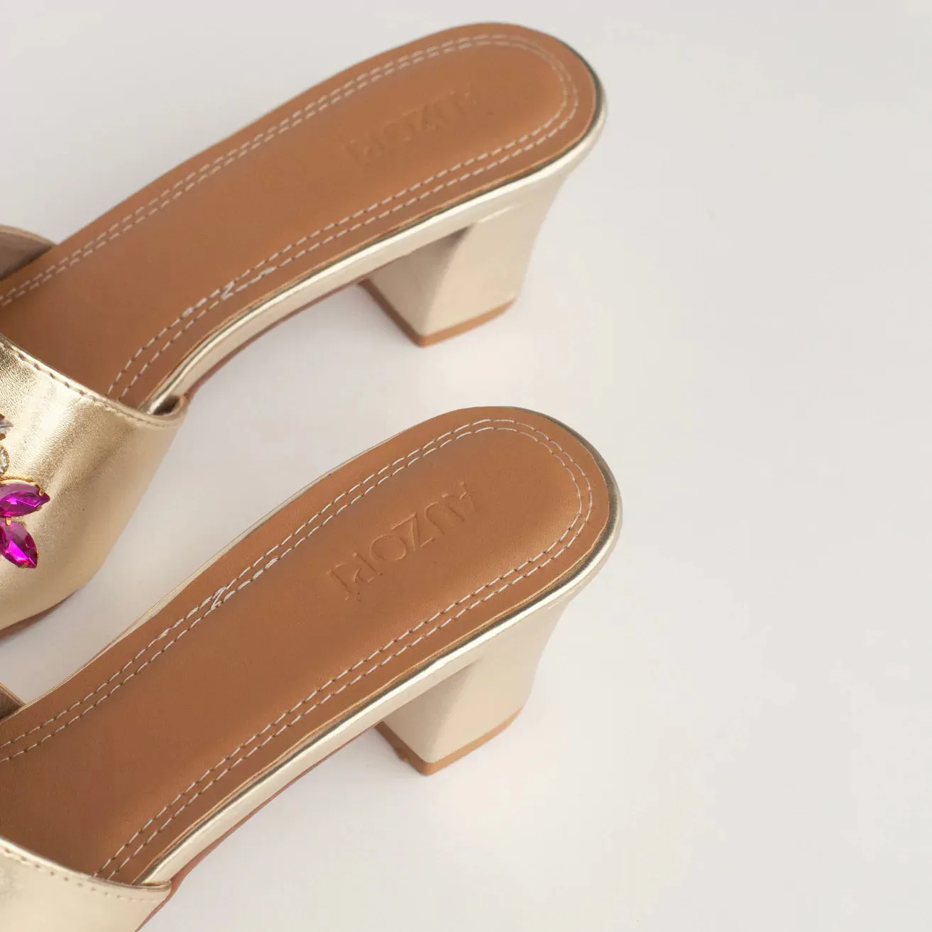 Rani Pink Stones Embellished Gold Block Heels
