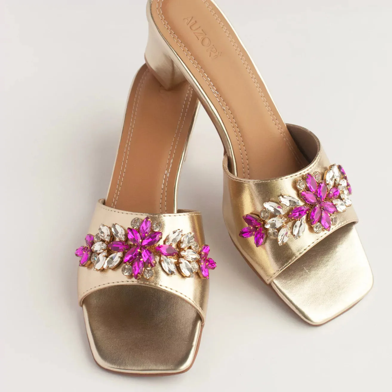 Rani Pink Stones Embellished Gold Block Heels
