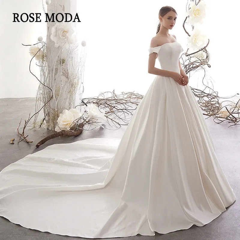 Rosemoda Off Shoulder Satin A Line Wedding Dress