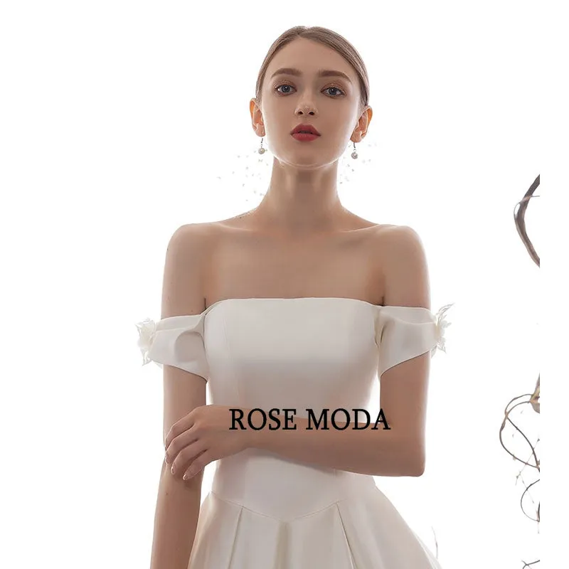 Rosemoda Off Shoulder Satin A Line Wedding Dress