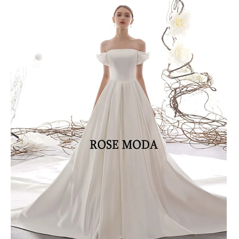 Rosemoda Off Shoulder Satin A Line Wedding Dress