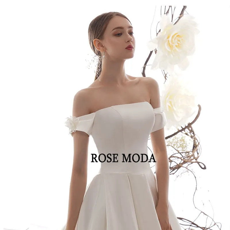 Rosemoda Off Shoulder Satin A Line Wedding Dress