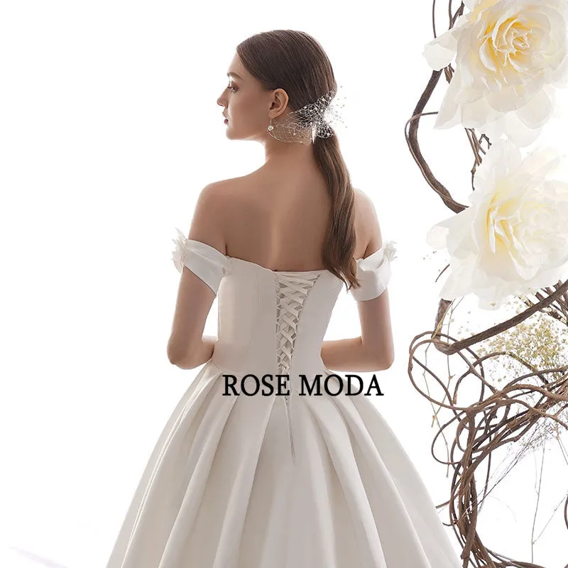 Rosemoda Off Shoulder Satin A Line Wedding Dress