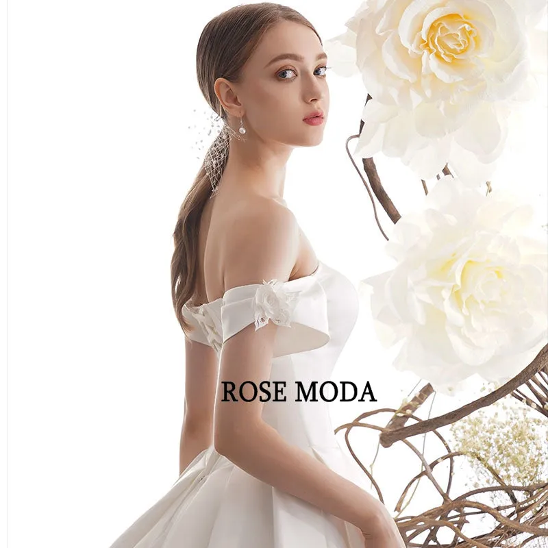 Rosemoda Off Shoulder Satin A Line Wedding Dress