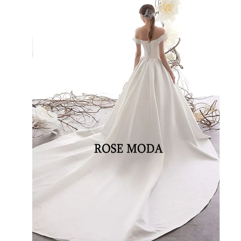 Rosemoda Off Shoulder Satin A Line Wedding Dress
