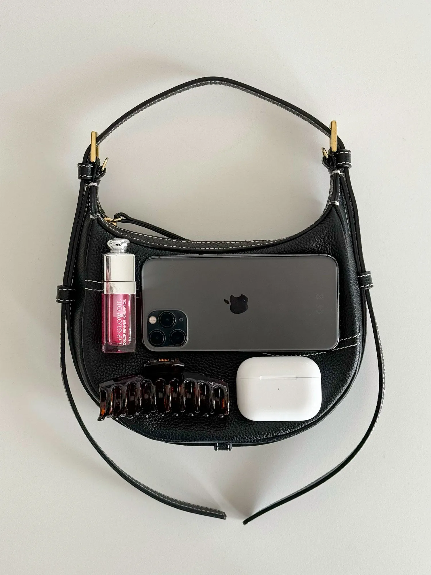 Silea Black/Contrast Stitch Grained Leather Mini hobo bag