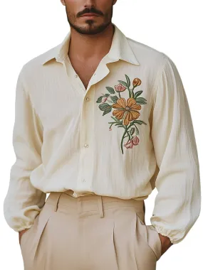 Vintage Gentleman Flower Embroidery Lapel Long Sleeve Shirt
