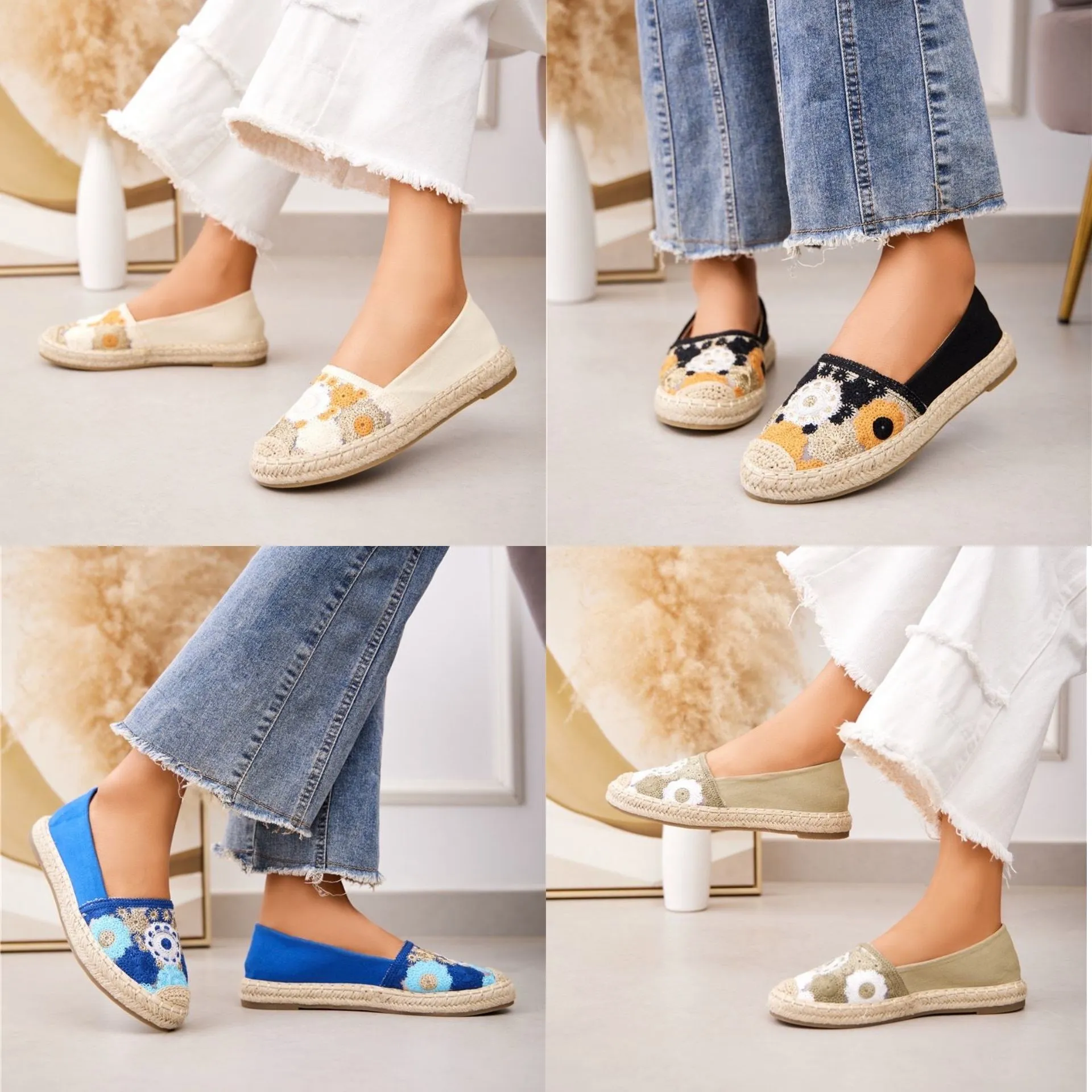 WOMEN'S EMBROIDED ESPADRILLE CLOSED TOE DESIGNER MULES IN BEIGE