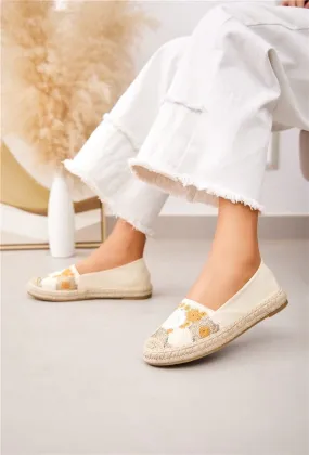 WOMEN'S EMBROIDED ESPADRILLE CLOSED TOE DESIGNER MULES IN BEIGE